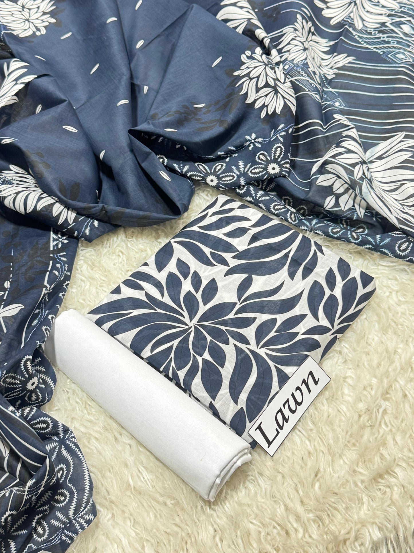 White with Bold Navy Blue Dahlia Leaf Print & Navy Floral Dupatta