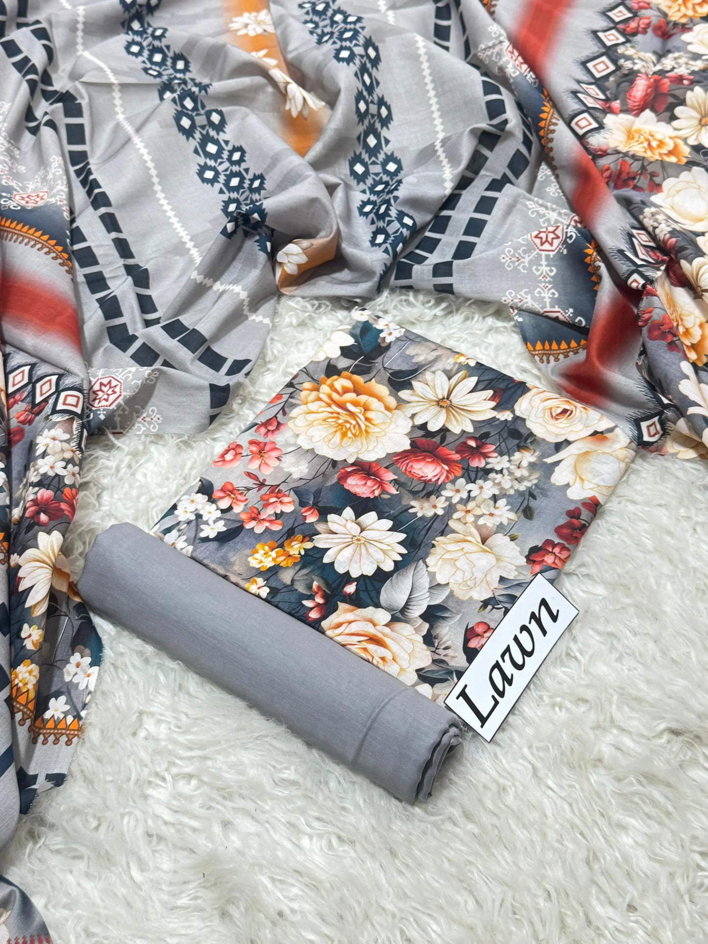 Grey with Multicolor Peony Floral Print & Geometric Tribal Dupatta