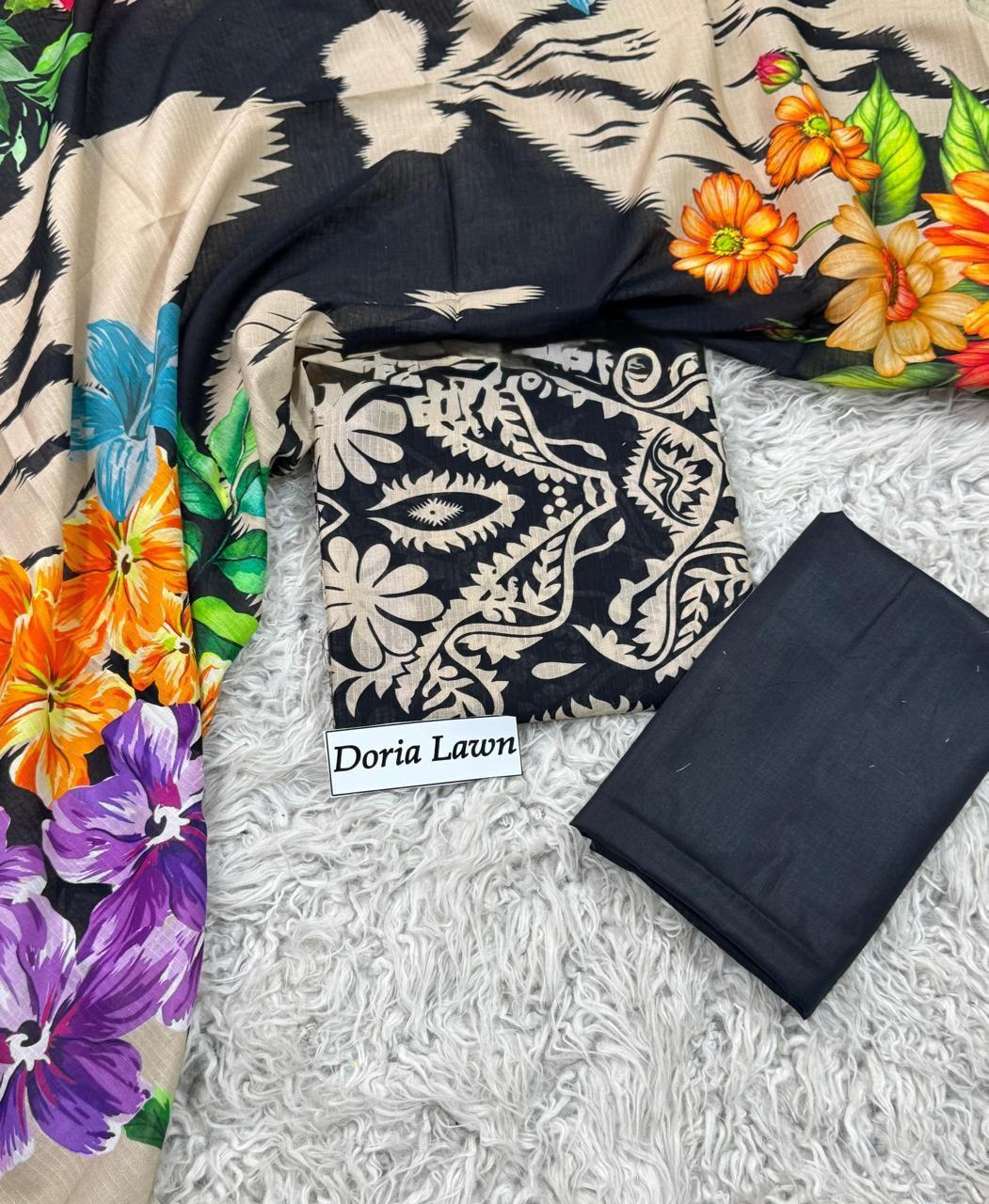 Black & Cream Artistic Floral Paisley Print with Vibrant Dupatta