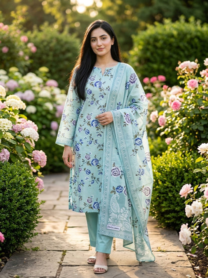 Sky Blue with Blue & Purple Rose Floral Print