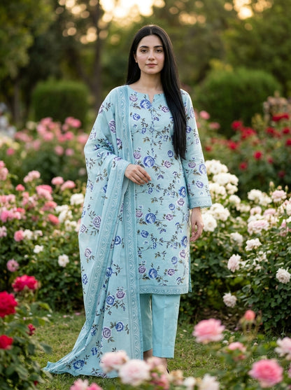 Sky Blue with Blue & Purple Rose Floral Print