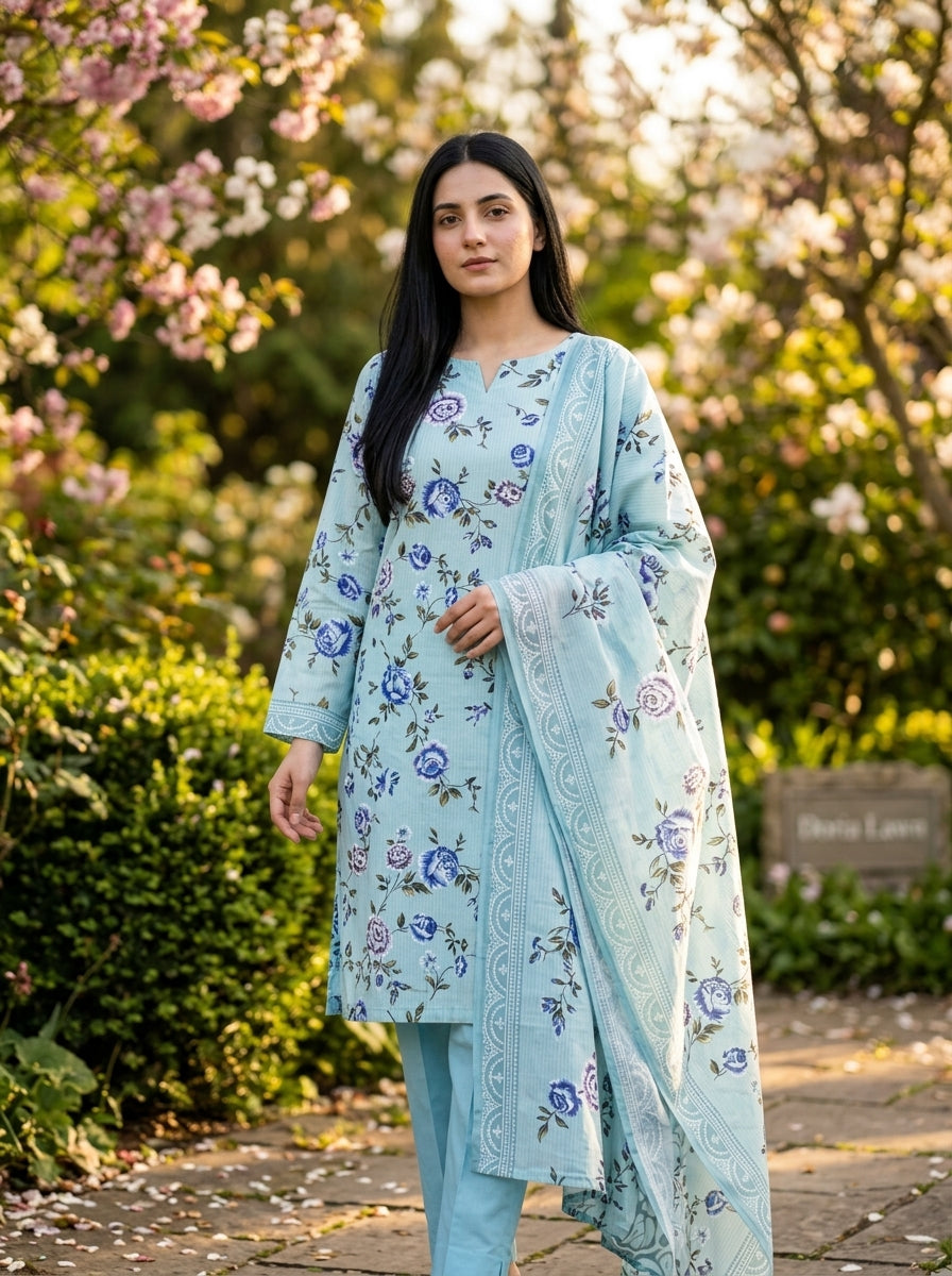 Sky Blue with Blue & Purple Rose Floral Print