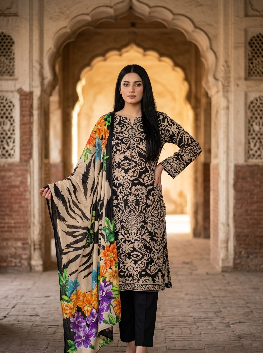Black & Cream Artistic Floral Paisley Print with Vibrant Dupatta