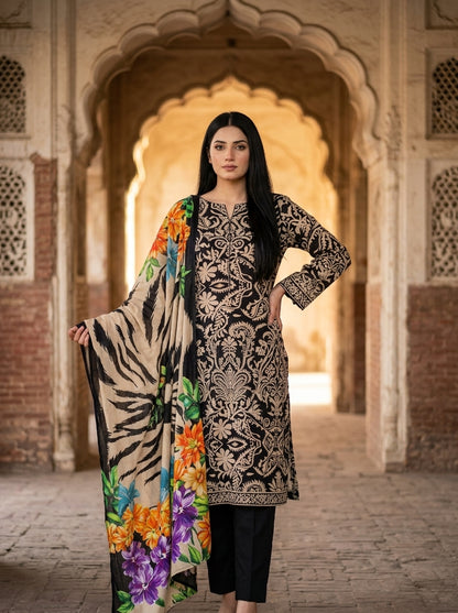 Black & Cream Artistic Floral Paisley Print with Vibrant Dupatta