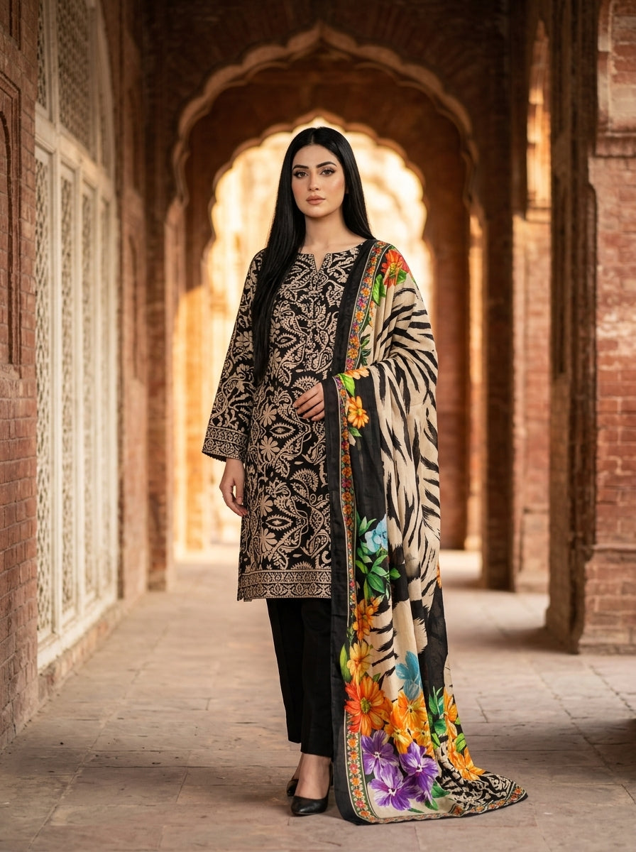 Black & Cream Artistic Floral Paisley Print with Vibrant Dupatta