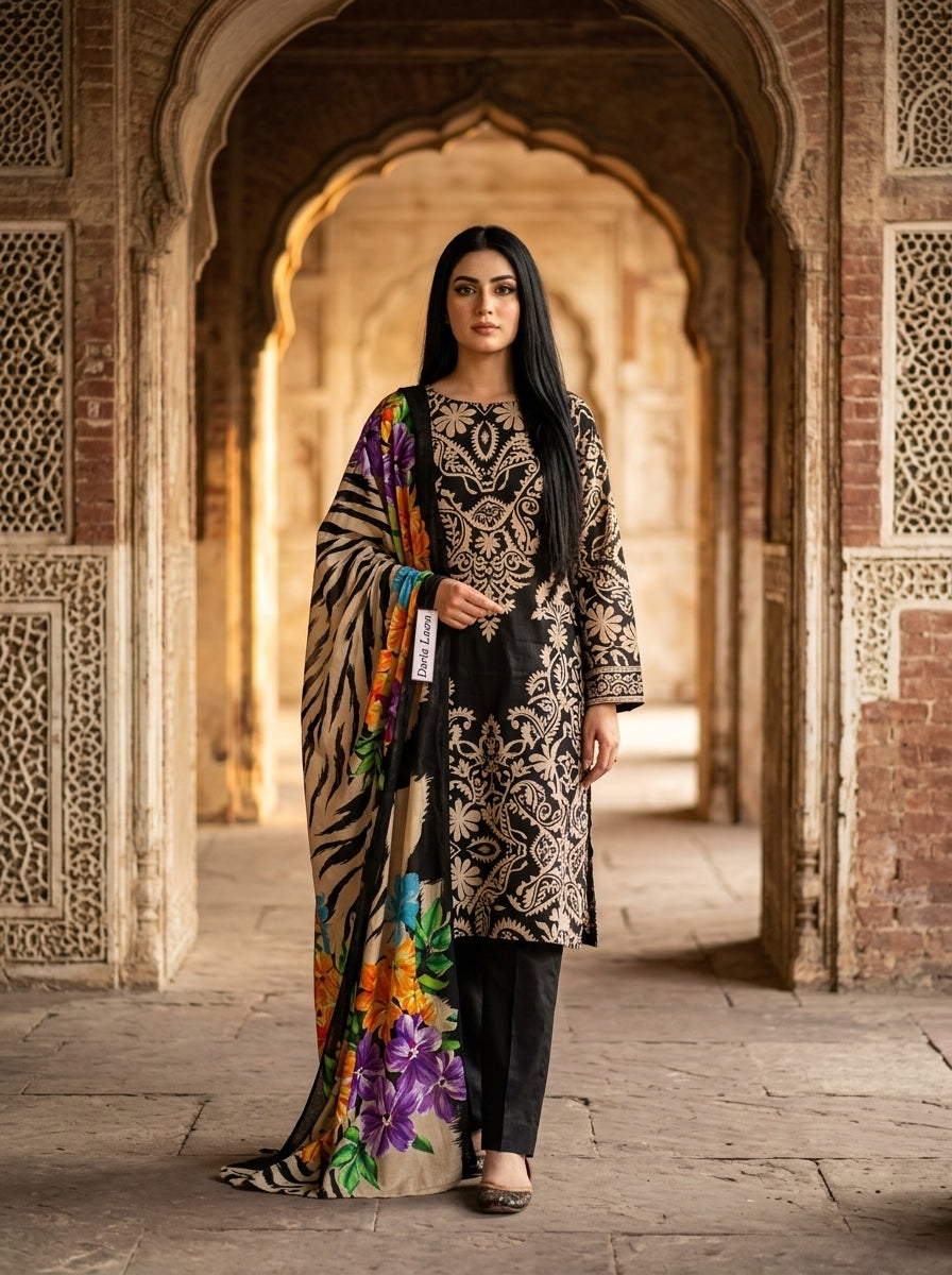 Black & Cream Artistic Floral Paisley Print with Vibrant Dupatta