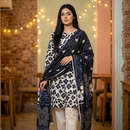 White with Bold Black Daisy Print & Navy Floral Dupatta