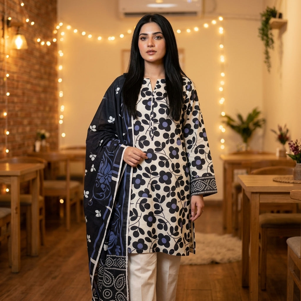 White with Bold Black Daisy Print & Navy Floral Dupatta