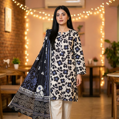 White with Bold Black Daisy Print & Navy Floral Dupatta