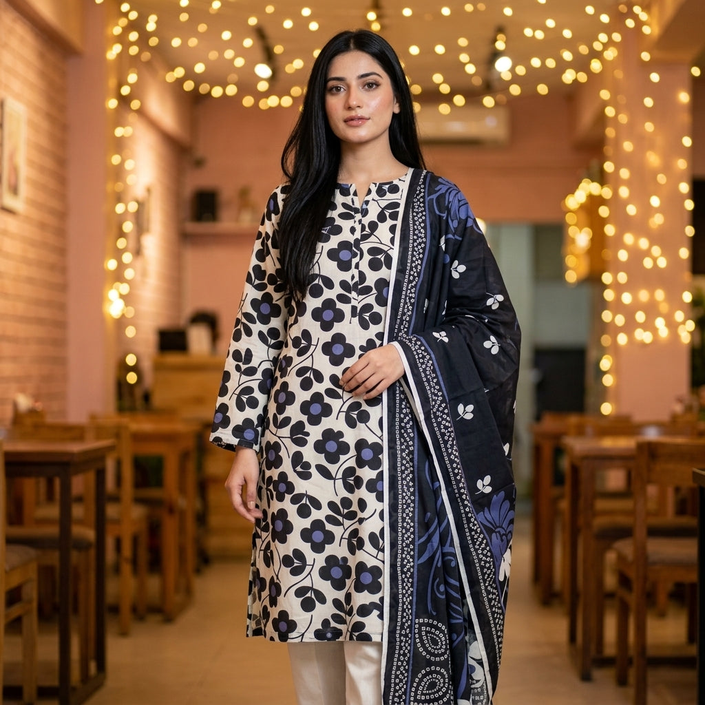 White with Bold Black Daisy Print & Navy Floral Dupatta