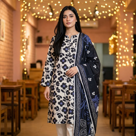 White with Bold Black Daisy Print & Navy Floral Dupatta