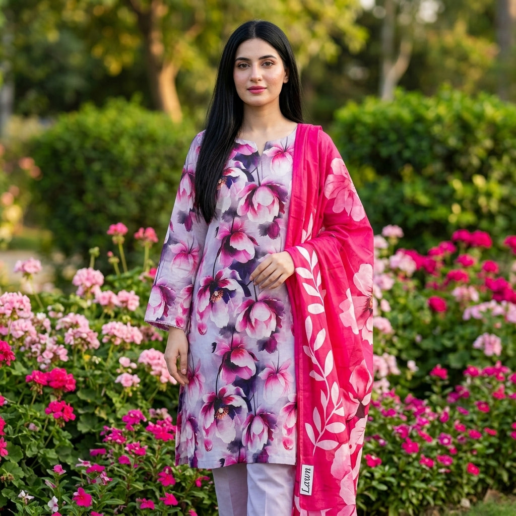 Grey Lavender with Large Pink Peony Floral Print & Hot Pink Dupatta
