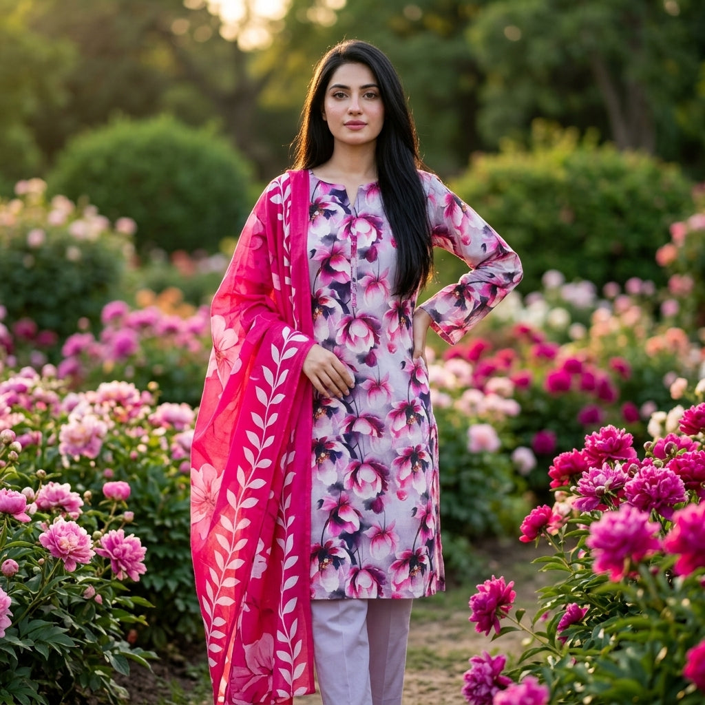 Grey Lavender with Large Pink Peony Floral Print & Hot Pink Dupatta