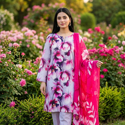 Grey Lavender with Large Pink Peony Floral Print & Hot Pink Dupatta