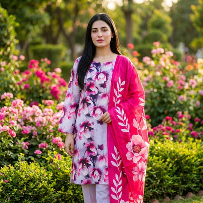 Grey Lavender with Large Pink Peony Floral Print & Hot Pink Dupatta