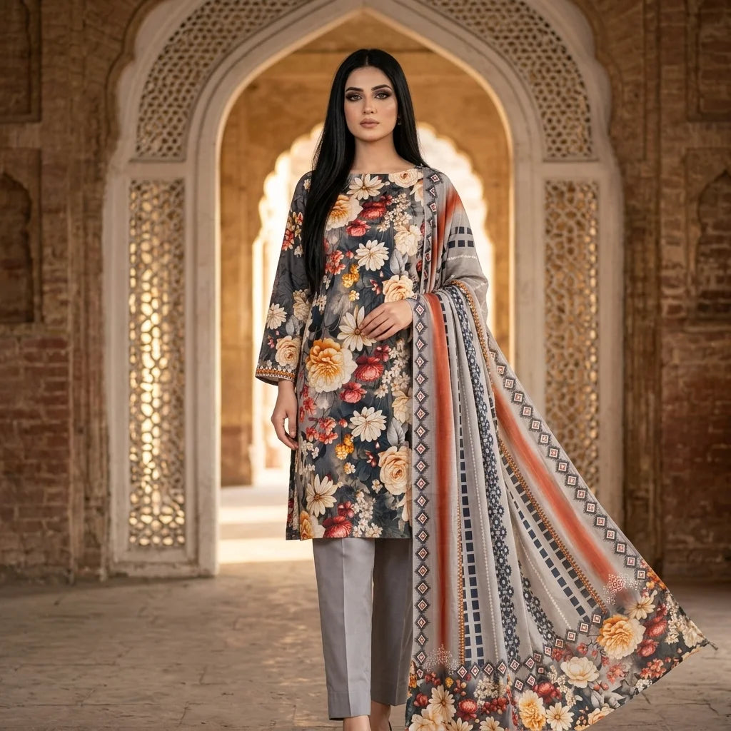 Grey with Multicolor Peony Floral Print & Geometric Tribal Dupatta