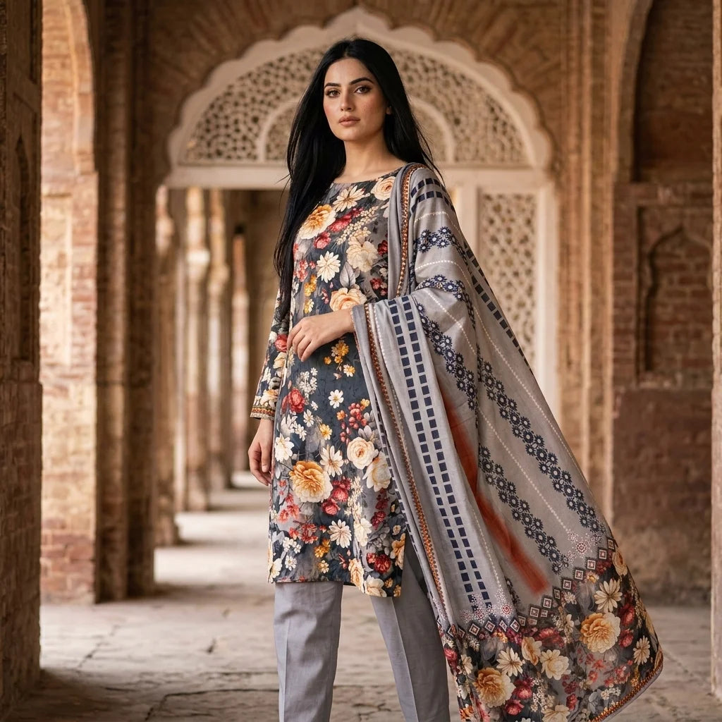 Grey with Multicolor Peony Floral Print & Geometric Tribal Dupatta