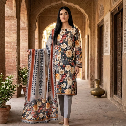 Grey with Multicolor Peony Floral Print & Geometric Tribal Dupatta