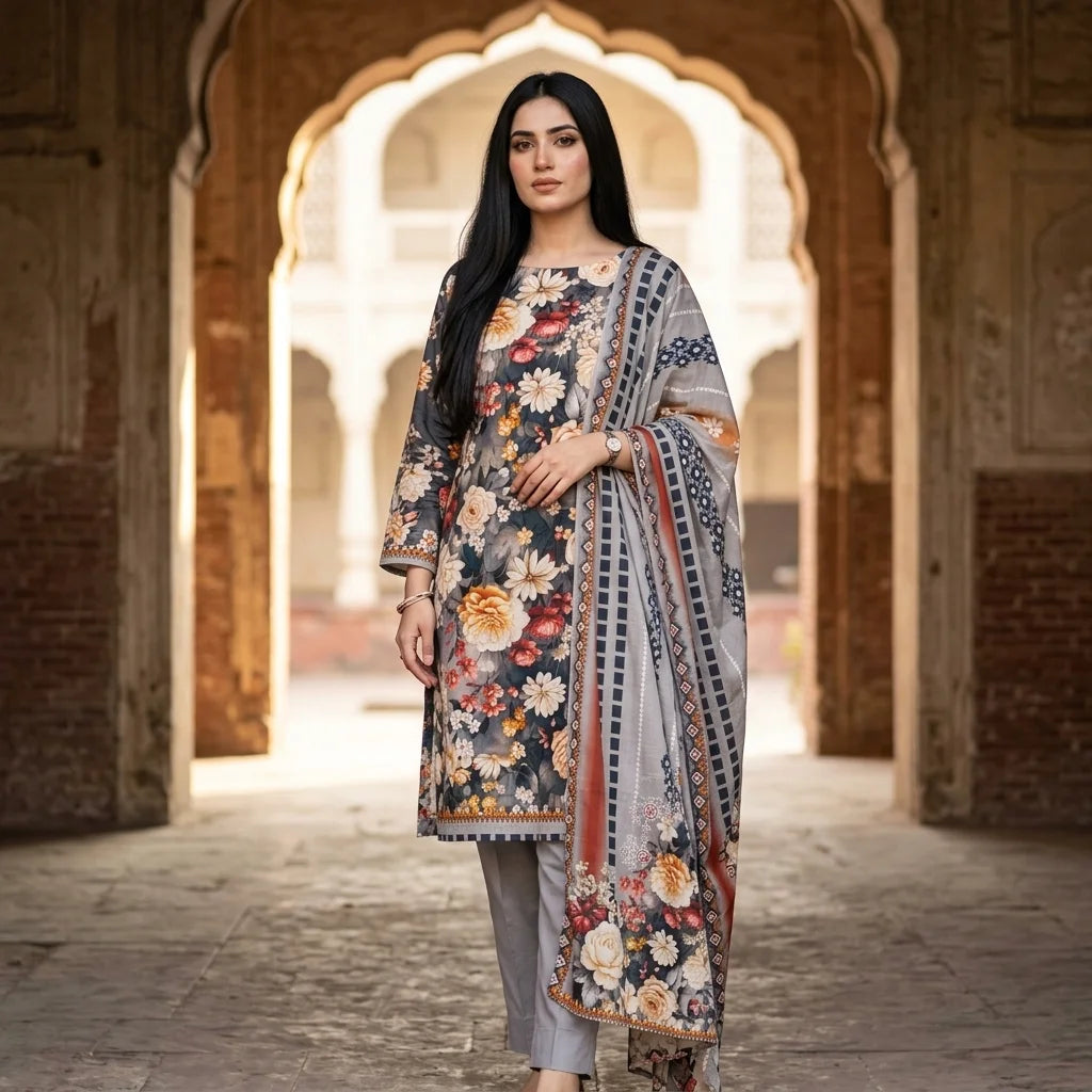 Grey with Multicolor Peony Floral Print & Geometric Tribal Dupatta