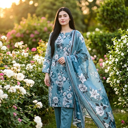 Teal Blue with White & Grey Rose Floral Print & Matching Dupatta