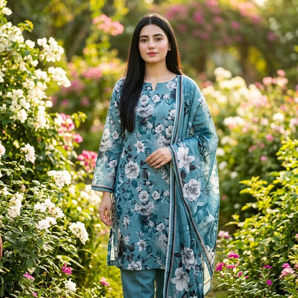 Teal Blue with White & Grey Rose Floral Print & Matching Dupatta