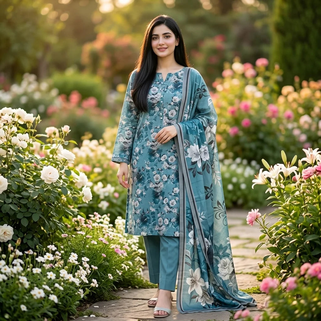 Teal Blue with White & Grey Rose Floral Print & Matching Dupatta