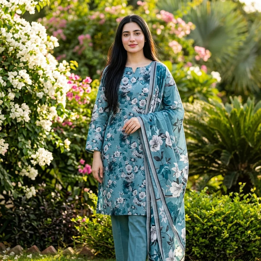 Teal Blue with White & Grey Rose Floral Print & Matching Dupatta
