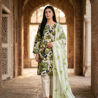 White with Bold Green & Olive Tropical Floral Print & Striped Botanical Dupatta