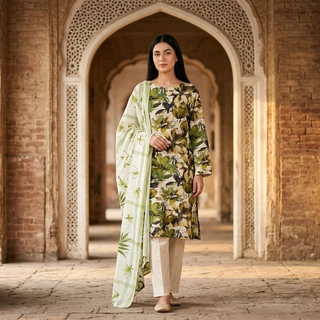 White with Bold Green & Olive Tropical Floral Print & Striped Botanical Dupatta