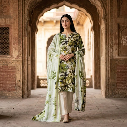 White with Bold Green & Olive Tropical Floral Print & Striped Botanical Dupatta