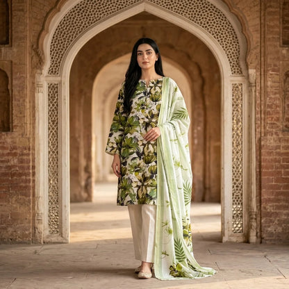 White with Bold Green & Olive Tropical Floral Print & Striped Botanical Dupatta