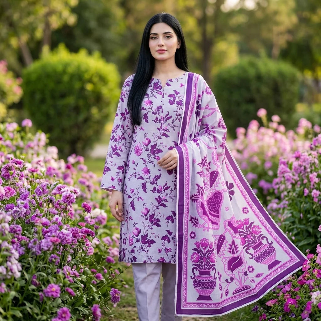 Grey Lavender with Purple & Pink Mughal Floral Vine Print & Mughal Motif Dupatta