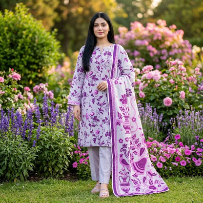 Grey Lavender with Purple & Pink Mughal Floral Vine Print & Mughal Motif Dupatta