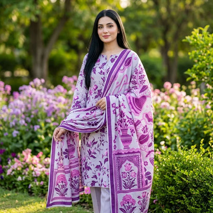 Grey Lavender with Purple & Pink Mughal Floral Vine Print & Mughal Motif Dupatta