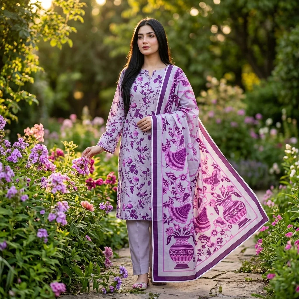 Grey Lavender with Purple & Pink Mughal Floral Vine Print & Mughal Motif Dupatta