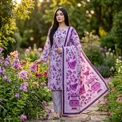 Grey Lavender with Purple & Pink Mughal Floral Vine Print & Mughal Motif Dupatta