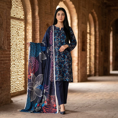 Navy Blue Leaf Print with Vibrant Multicolor Dupatta