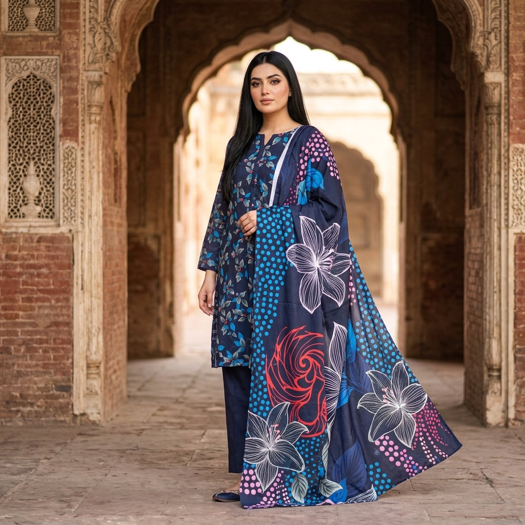 Navy Blue Leaf Print with Vibrant Multicolor Dupatta