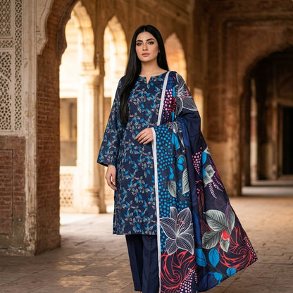 Navy Blue Leaf Print with Vibrant Multicolor Dupatta
