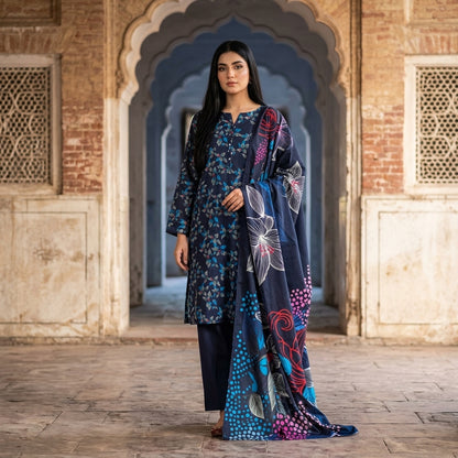 Navy Blue Leaf Print with Vibrant Multicolor Dupatta
