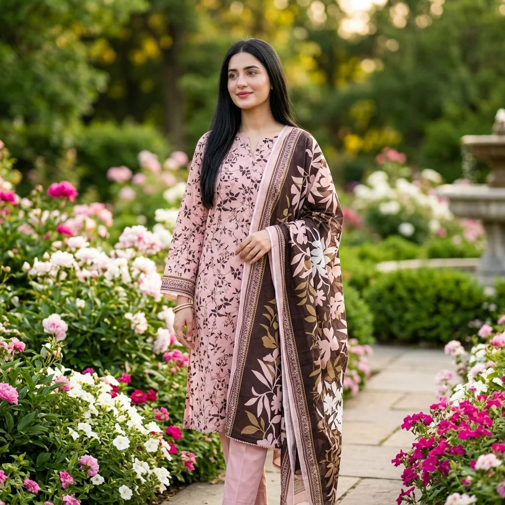 Baby Pink Vine Print with Dark Brown Floral Dupatta