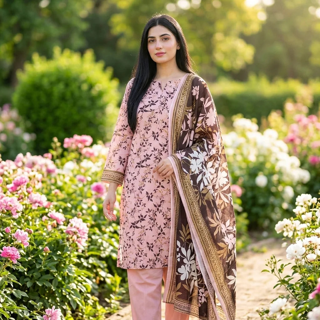 Baby Pink Vine Print with Dark Brown Floral Dupatta