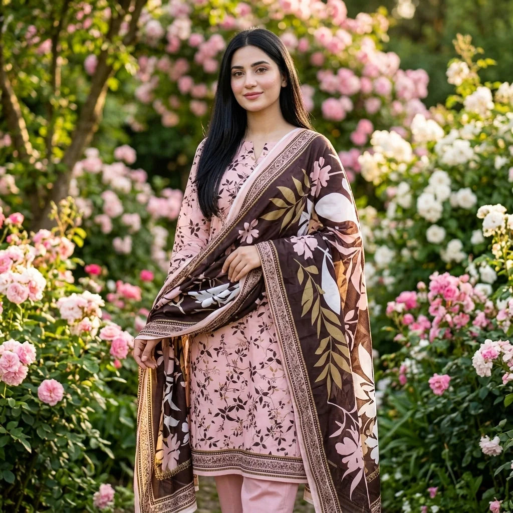 Baby Pink Vine Print with Dark Brown Floral Dupatta