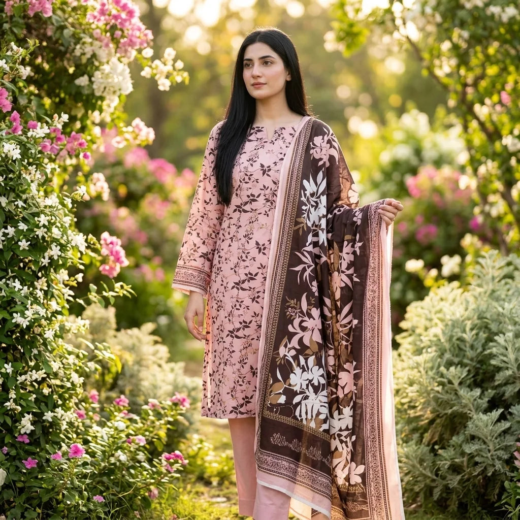 Baby Pink Vine Print with Dark Brown Floral Dupatta