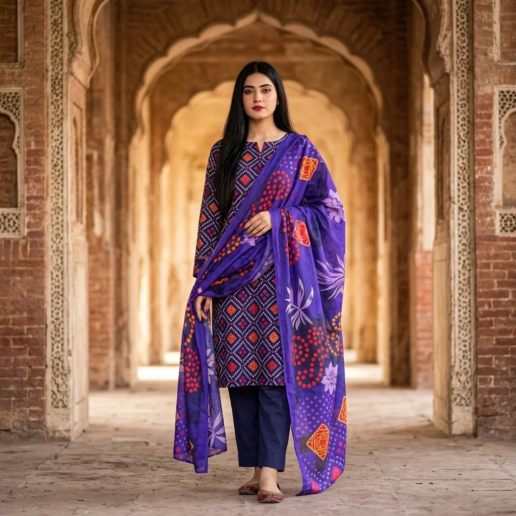 Navy Geometric Bandhani Print with Vibrant Purple Dupatta