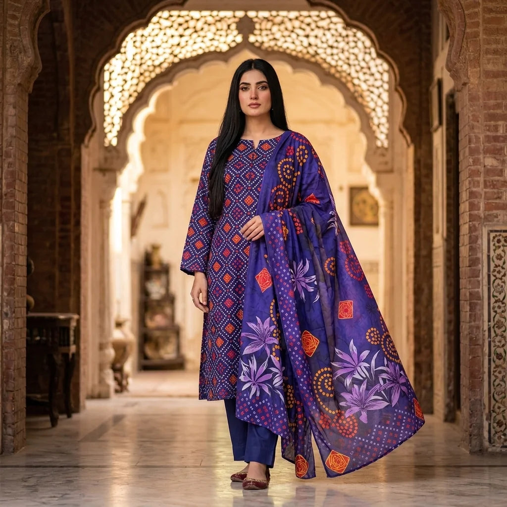 Navy Geometric Bandhani Print with Vibrant Purple Dupatta