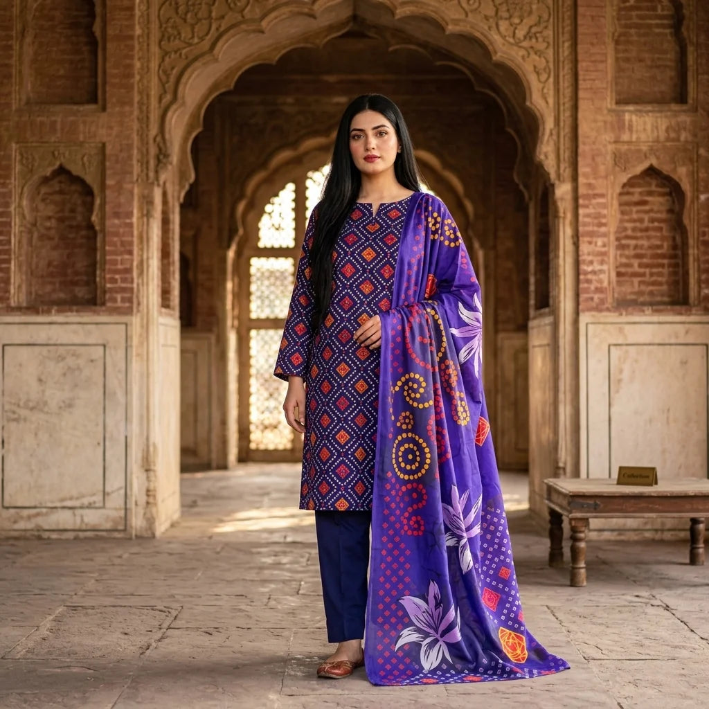 Navy Geometric Bandhani Print with Vibrant Purple Dupatta