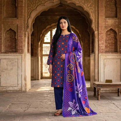 Navy Geometric Bandhani Print with Vibrant Purple Dupatta