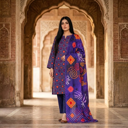 Navy Geometric Bandhani Print with Vibrant Purple Dupatta