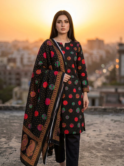 Black with Multicolor Circle Print & Golden Dots